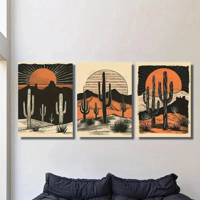 3pcs Desert Cactus Sunset Wall Art Set Canvas Framed 50x70cm - High Quality Print 100% Australian Made Wall Canvas Ready to Hang