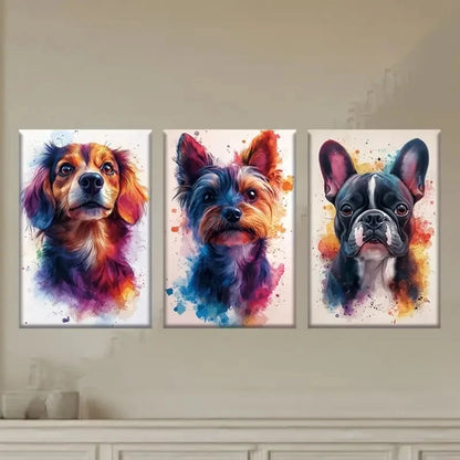 3pcs Vibrant Watercolor Illustrations of Dogs Metal Print Ready to Hang Art