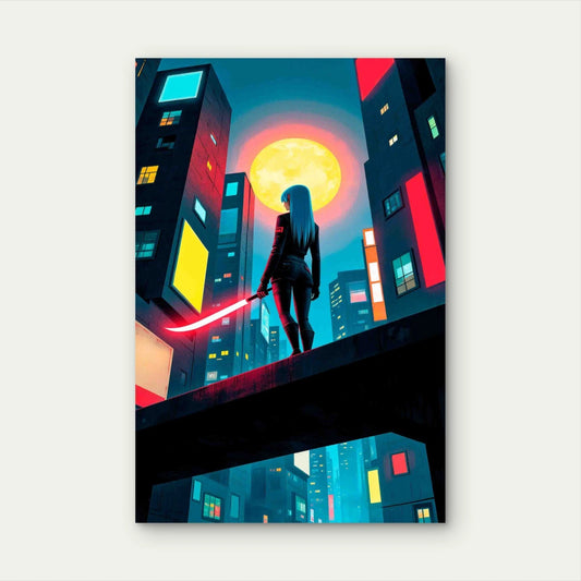 Cyberpunk Warrior With Glowing Katana Neon 40x60cm Metal Print Ready to Hang