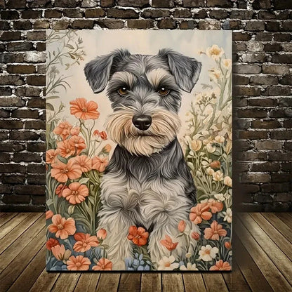 Beautiful Cute Schnauzer Dog with Flowers & Plants  40x60cm Metal Print Ready to Hang - Bella Home Decor