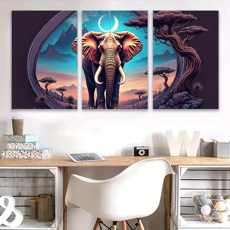3pcs Majestic Elephant Under The Cosmic Moon Wall Art Set Canvas Framed 50x70cm - High Quality Print 100% Australian Made Wall Canvas Ready to Hang - Bella Home Decor