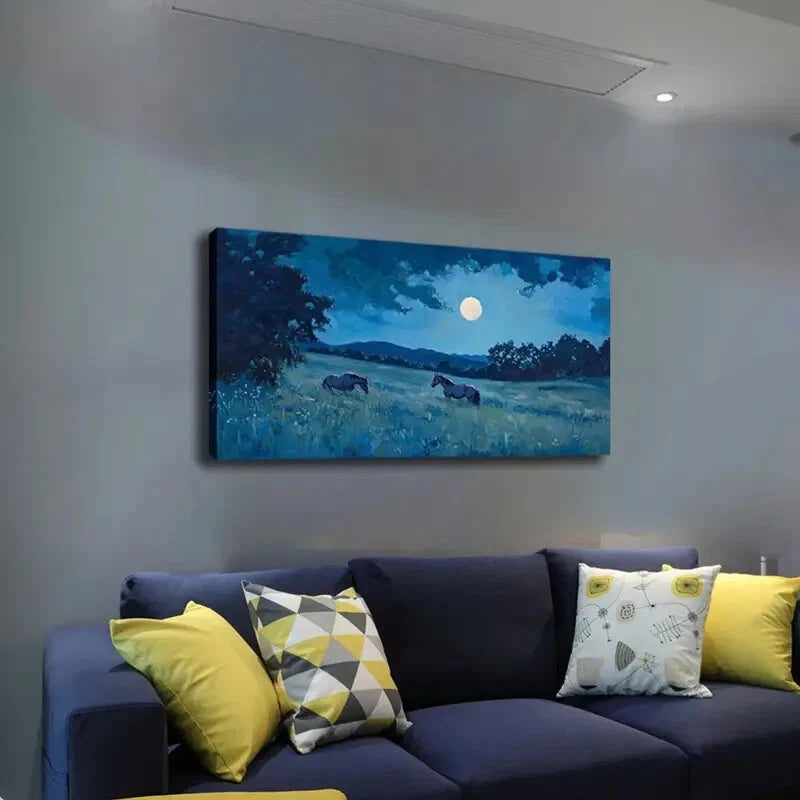 Two Horses in Blue Sky Meadow Wall Art Canvas Office Home Room Framed 120x60cm - Bella Home Decor