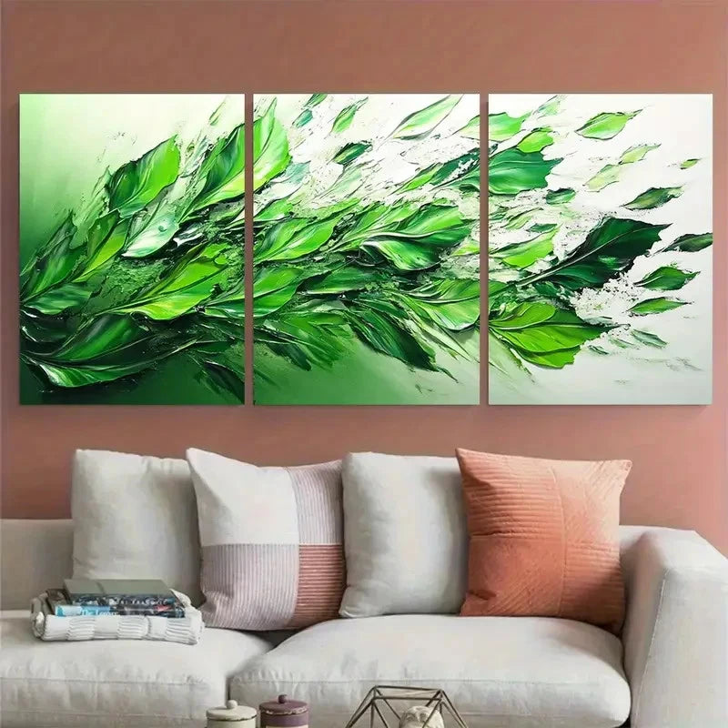 3pcs Green Splash Abstract Unique Leaves Wall Art Set Canvas Framed 40x60cm - High Quality Print 100% Australian Made Wall Canvas Ready to Hang