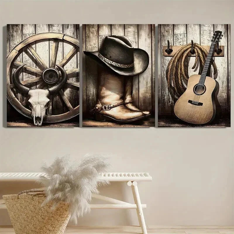 3pcs Vintage Cowboy Boots Wheel Guitar and Hat Metal Print Ready to Hang Art - Bella Home Decor