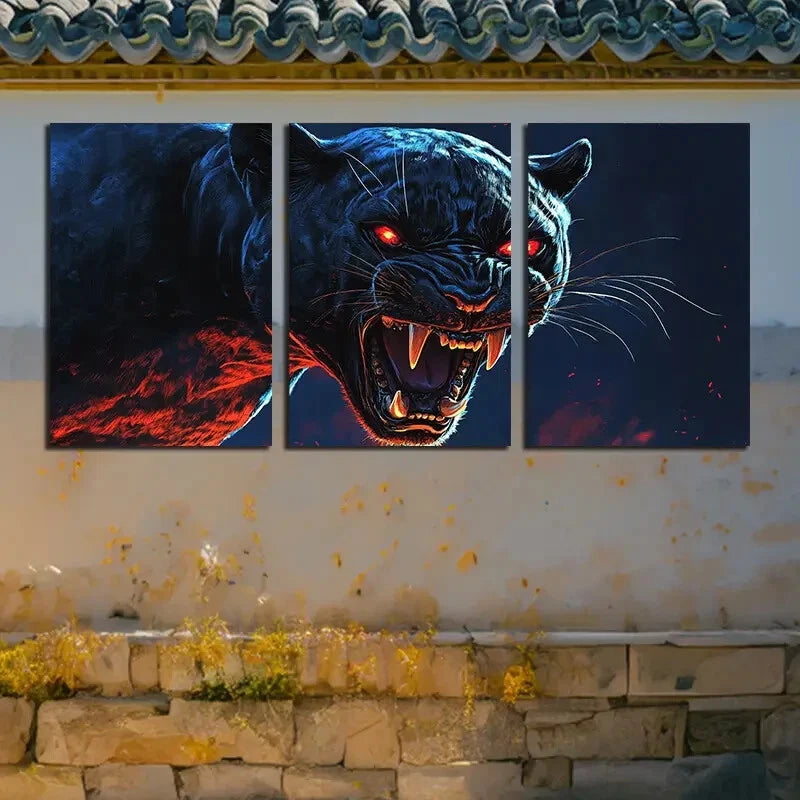 3pcs Roaring Leopard in Dark Background Metal Print Ready to Hang Art