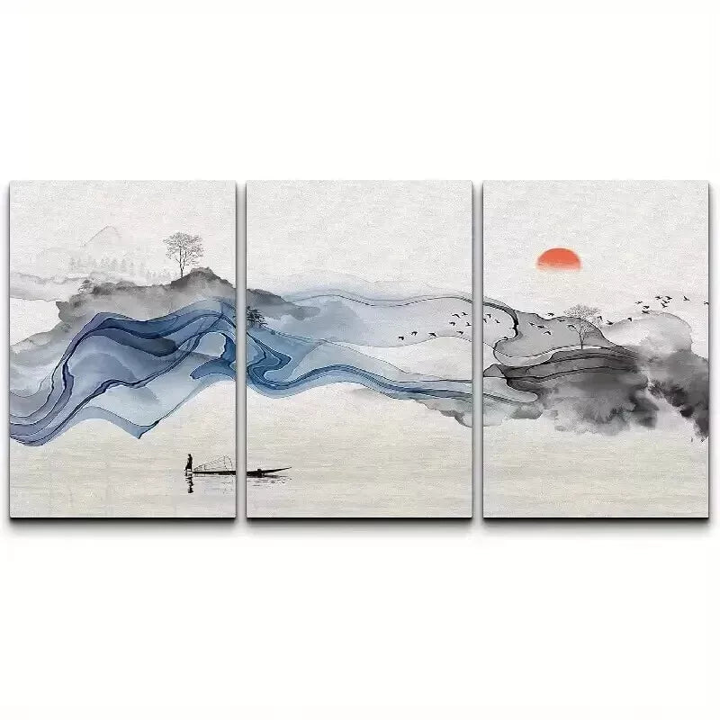 3pcs Chinese Landscape Painting Wall Art Set Canvas Framed 50x70cm - High Quality Print 100% Australian Made Wall Canvas Ready to Hang