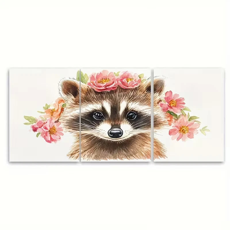3pcs Adorable Raccoon Watercolor Metal Print Ready to Hang Art - Bella Home Decor
