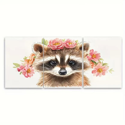 3pcs Adorable Raccoon Watercolor Metal Print Ready to Hang Art - Bella Home Decor