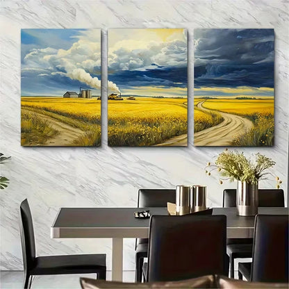 3pcs Golden Canola Fields Metal Print Ready to Hang Art - Bella Home Decor