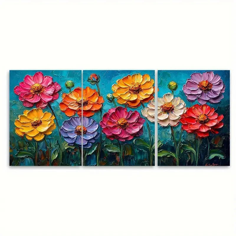 3pcs Zinnia Flowers Impasto Illustration Wall Art Set Canvas Framed 40x60cm - High Quality Print 100% Australian Made Wall Canvas Ready to Hang