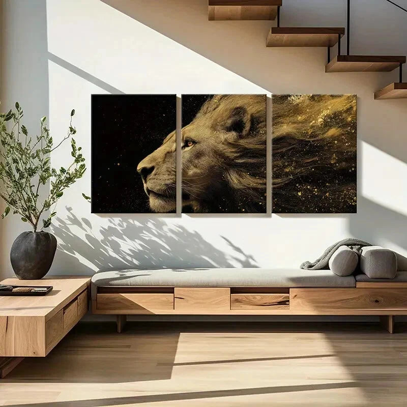 3pcs Lion Profile Art Golden Dust Effect Metal Print Ready to Hang Art - Bella Home Decor