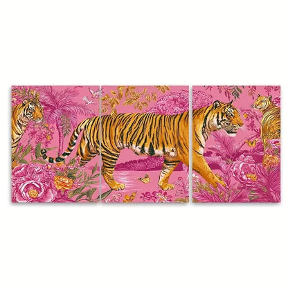 3pcs Pink Orange Retro Tiger Wall Art Set Canvas Framed 50x70cm - High Quality Print 100% Australian Made Wall Canvas Ready to Hang