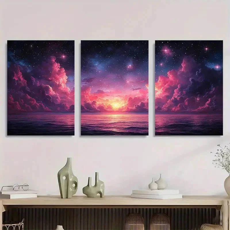 3pcs Starry Sky Cosmic Clouds & Ocean Waves Metal Print Ready to Hang Art - Bella Home Decor