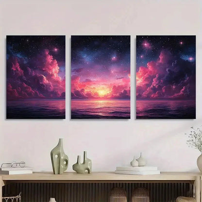3pcs Starry Sky Cosmic Clouds & Ocean Waves Metal Print Ready to Hang Art - Bella Home Decor