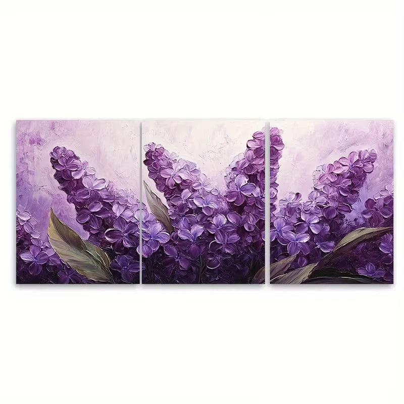 3pcs Lilac Painting Floral Impasto Art Flowers Wall Art Set Canvas Framed 50x70cm - High Quality Print 100% Australian Made Wall Canvas Ready to Hang