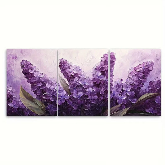 3pcs Lilac Painting Floral Impasto Art Flowers Wall Art Set Canvas Framed 50x70cm - High Quality Print 100% Australian Made Wall Canvas Ready to Hang