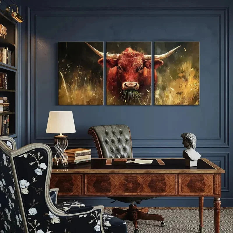 3pcs Cattle Bull Animal Landscape Golden Metal Print Ready to Hang Art - Bella Home Decor
