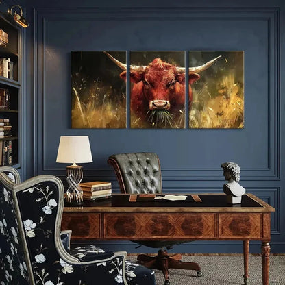 3pcs Cattle Bull Animal Landscape Golden Metal Print Ready to Hang Art - Bella Home Decor