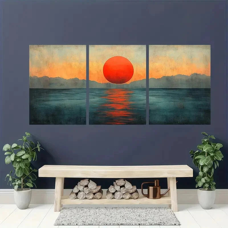 3pcs Abstract Sunset Art Mid-Century Metal Print Ready to Hang Art - Bella Home Decor