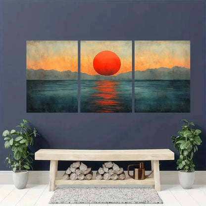 3pcs Abstract Sunset Art Mid-Century Metal Print Ready to Hang Art - Bella Home Decor