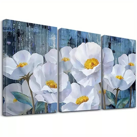 3pcs Blooming White Blue Flowers Botanical Wall Art Set Canvas Framed 50x70cm - High Quality Print 100% Australian Made Wall Canvas Ready to Hang