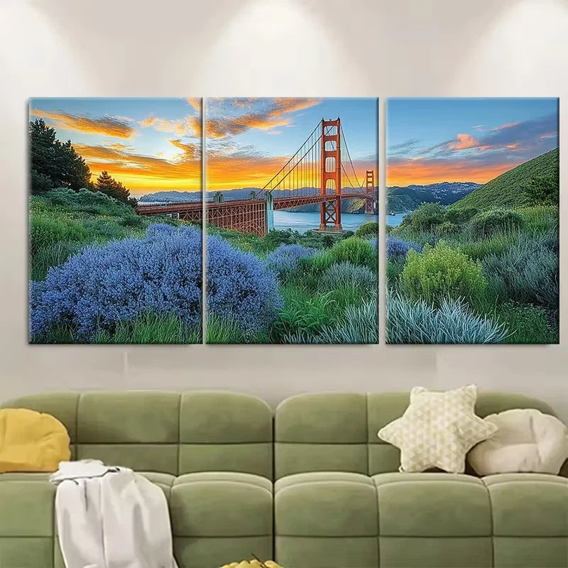3pcs , Vibrant Orange Sunset Bridge Metal Print Ready to Hang Art - Bella Home Decor