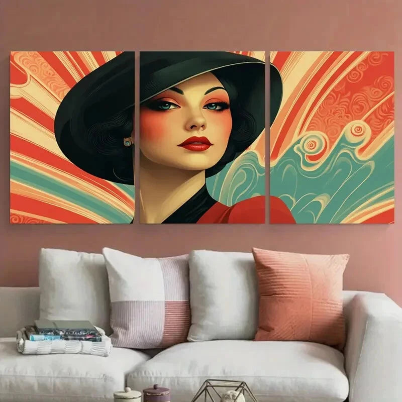 3pcs Vintage Woman Illustration 1920s Inspired Metal Print Ready to Hang Art - Bella Home Decor