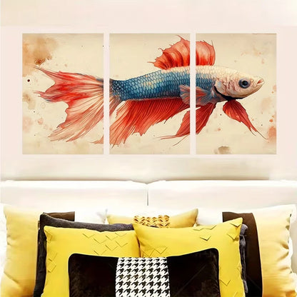 3pcs Aquarell white Betta Fish Painting Metal Print Ready to Hang Art - Bella Home Decor