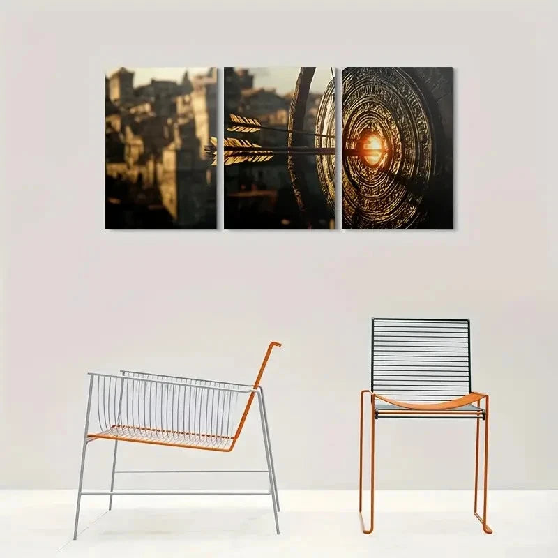 3pcs Golden Arrow Target Archery Theme Metal Print Ready to Hang Art - Bella Home Decor