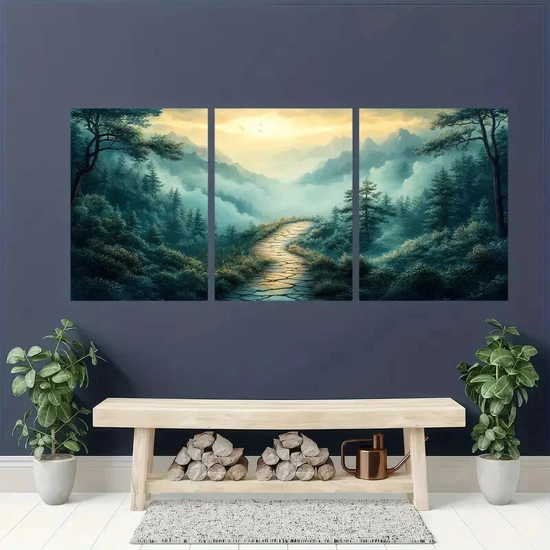 3pcs Serene Green Wilderness & Misty Mountains Metal Print Ready to Hang Art - Bella Home Decor