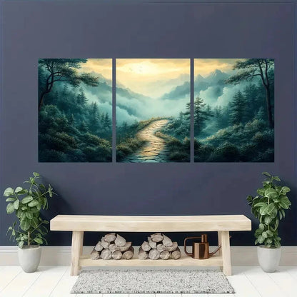 3pcs Serene Green Wilderness & Misty Mountains Metal Print Ready to Hang Art - Bella Home Decor