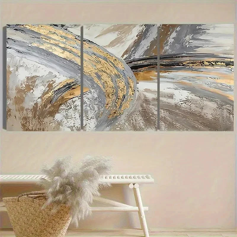 3pcs Golden and Gray Wave Wall Art Set Canvas Framed 50x70cm - High Quality Print 100% Australian Made Wall Canvas Ready to Hang - Bella Home Decor