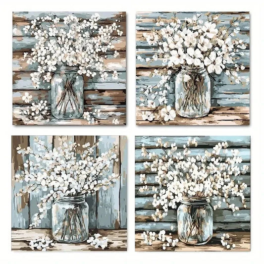 4pcs Flower Paintings Wall Art Canvas Framed