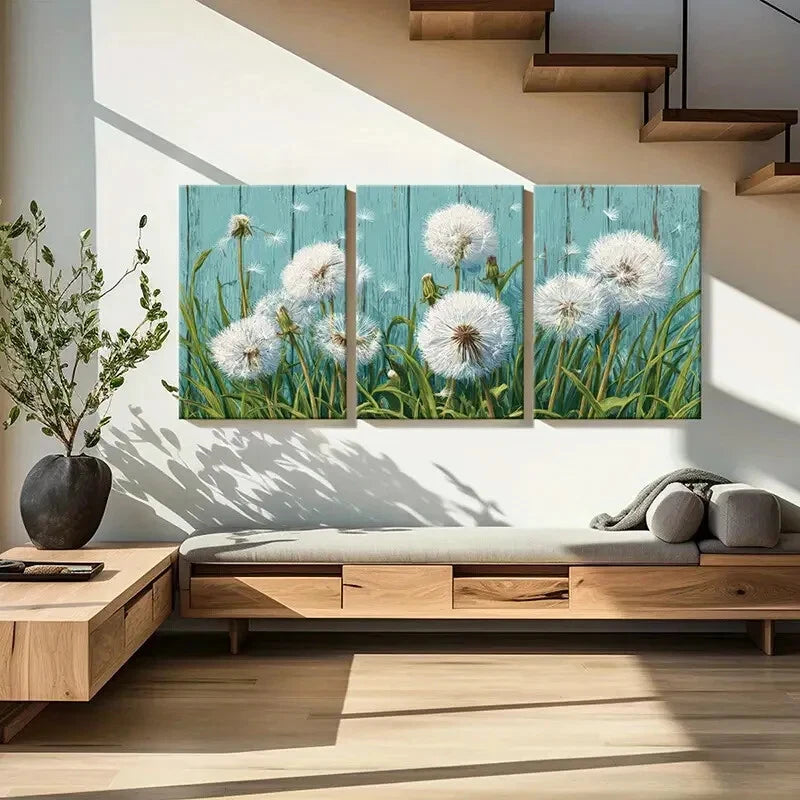 3pcs Dandelion Art White Fluff Blue Background Metal Print Ready to Hang Art - Bella Home Decor
