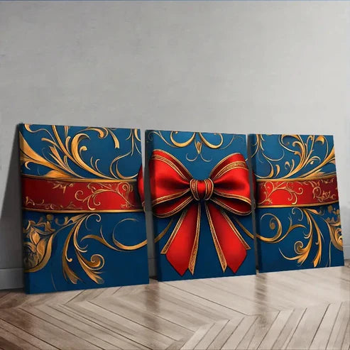 3pcs Modern Golden Red Bow Wall Art Set Canvas Unframed - High Quality Print 100% Australian Made Wall Canvas