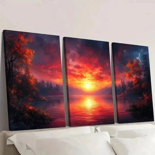 3pcs Serene Lake Sunset & Forest Scenery Wall Art Canvas Unframed - High Quality Print 100% Australian Made Wall Canvas