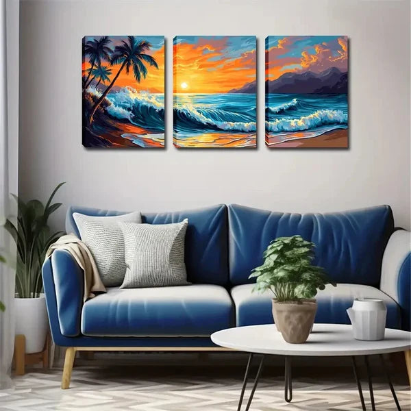 3pcs Coastal Landscape with Palm Trees & Ocean , Wall Art Set Canvas Framed 60X90cm - High Quality Print 100% Australian Made Wall Canvas Ready to Hang - Bella Home Decor
