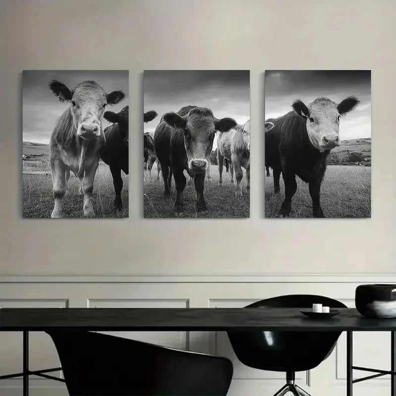 3pcs Black and White Cow Farmhouse Metal Print Ready to Hang Art - Bella Home Decor