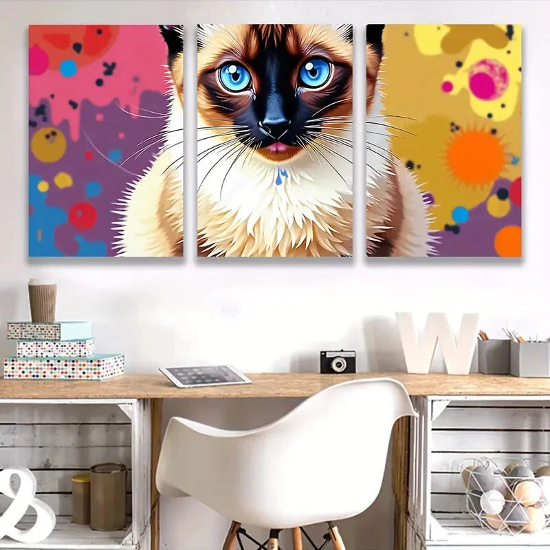 3pcs Siamese Cat with Blue Eyes H Wall Art Set Canvas Framed 50x70cm - High Quality Print 100% Australian Made Wall Canvas Ready to Hang