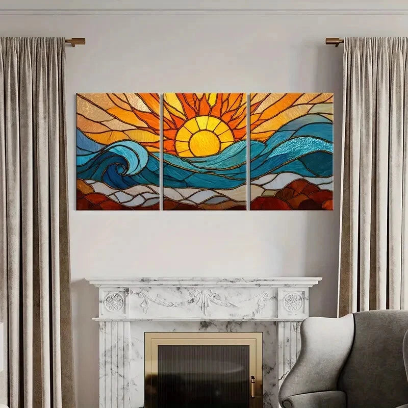 3pcs Stained Glass Sun Ocean Waves Beach Metal Print Ready to Hang Art - Bella Home Decor