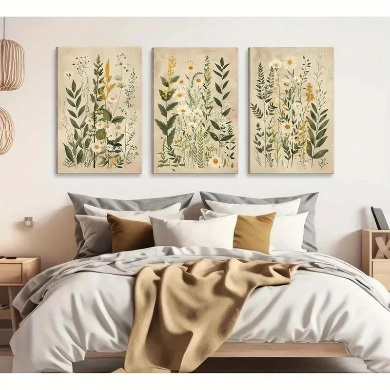 3pcs Vintage Wildflower Posters with Daisy & Sage Metal Print Ready to Hang Art