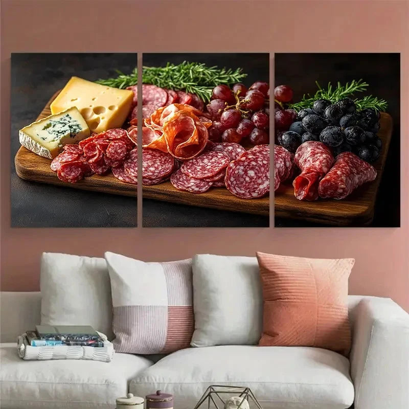 3pcs Italian Charcuterie Cheese and Meat Dining Metal Print Ready to Hang Art - Bella Home Decor