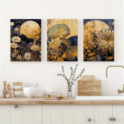 3pcs Modern Golden Moon and Flowers Theme Metal Print Ready to Hang Art - Bella Home Decor