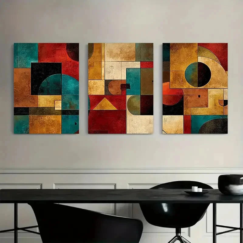 3pcs Abstract Geometric Shapes Earthy Tones Metal Print Ready to Hang Art - Bella Home Decor