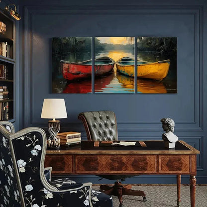 3pcs Artistic Canoe Sunset Reflections Water Scene Metal Print Ready to Hang Art - Bella Home Decor