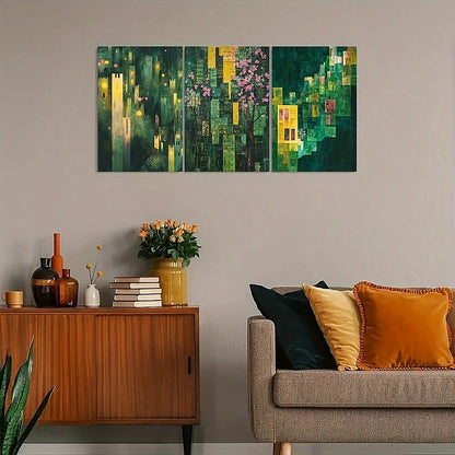 Living room with a large abstract painting above a wooden sideboard and sofa.