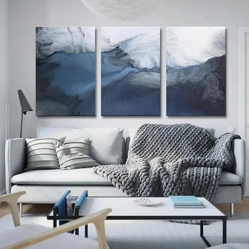 3pcs Abstract Art Navy Blue and Lines Graffiti Metal Print Ready to Hang Art - Bella Home Decor