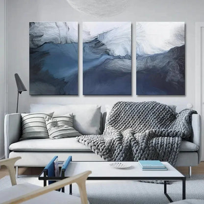 3pcs Abstract Art Navy Blue and Lines Graffiti Metal Print Ready to Hang Art - Bella Home Decor