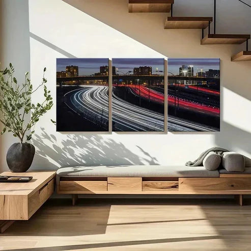 3pcs City Road Night Scene Traffic Flow Wall Art Canvas Unframed - High Quality Print 100% Australian Made Wall Canvas - Bella Home Decor