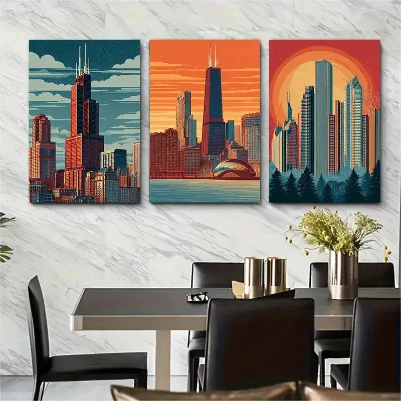 3pcs Chicago City Decor Skyline Perfect Wall Art Set Canvas Framed 50x70cm - High Quality Print 100% Australian Made Wall Canvas Ready to Hang - Bella Home Decor